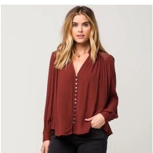 Free People Blouse Long Sleeve, button down, V-Neck Size Small,color red brown